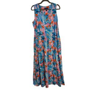 D&Co Beach Sleeveless Maxi Dress LT Vibrant Floral Print Cotton Rayon Blend